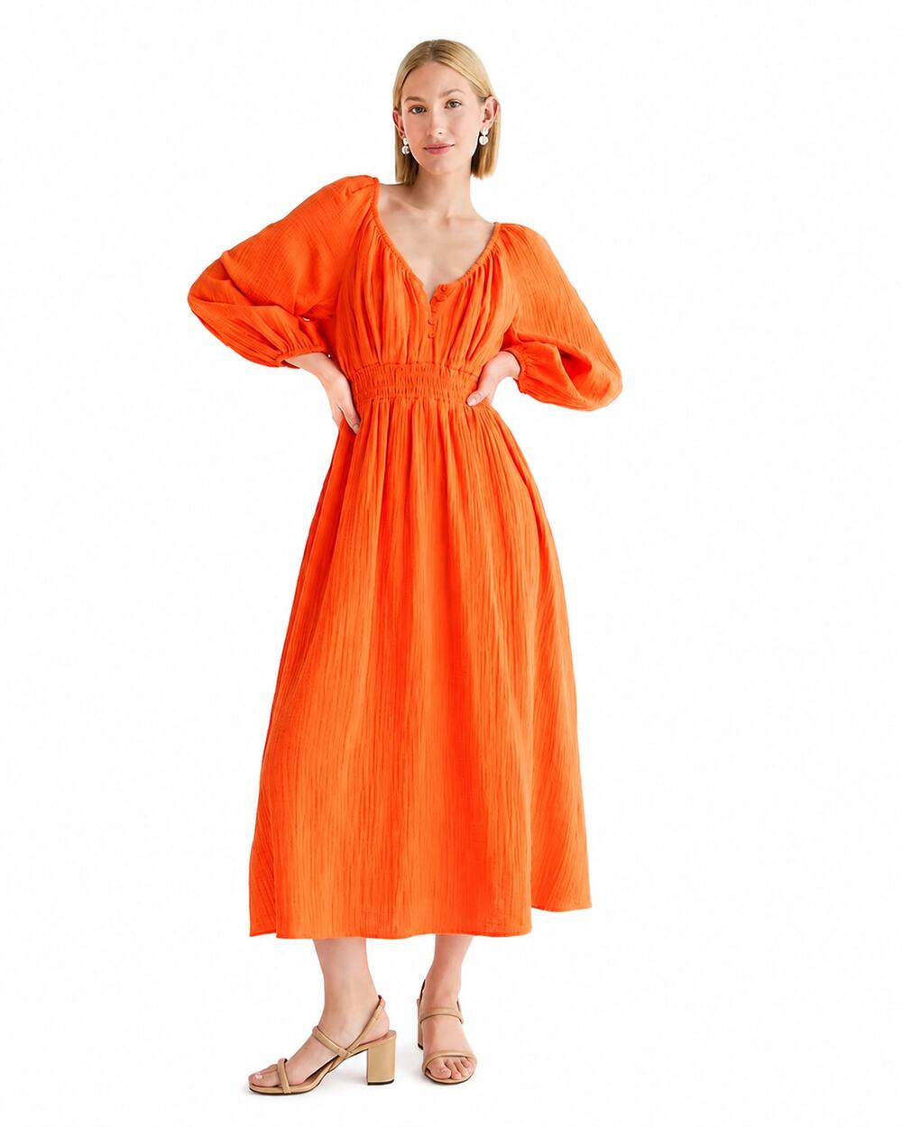 J.Crew Orange Gauze Maxi Dress Medium M Smocked Waist Long Sleeve Boho 6 8 10